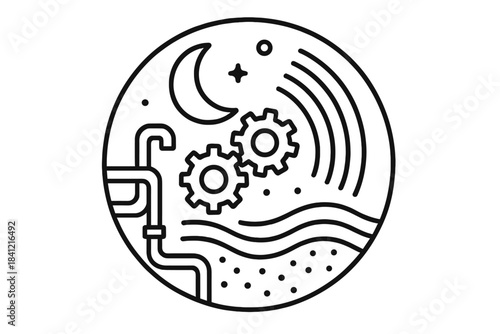 Nocturnal Industry Icon. Line style vector icons of Nocturnal Industry: moonlight gears, soft glow, curved pipes, radiant waves,