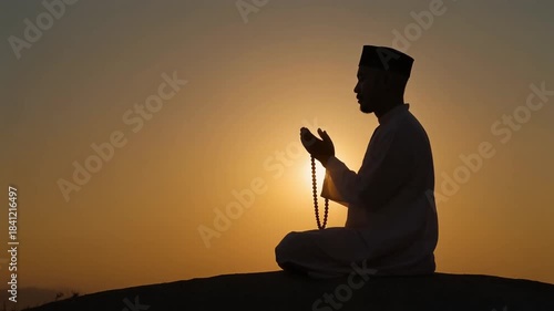 Silhouette praying at sunset with glowing horizon