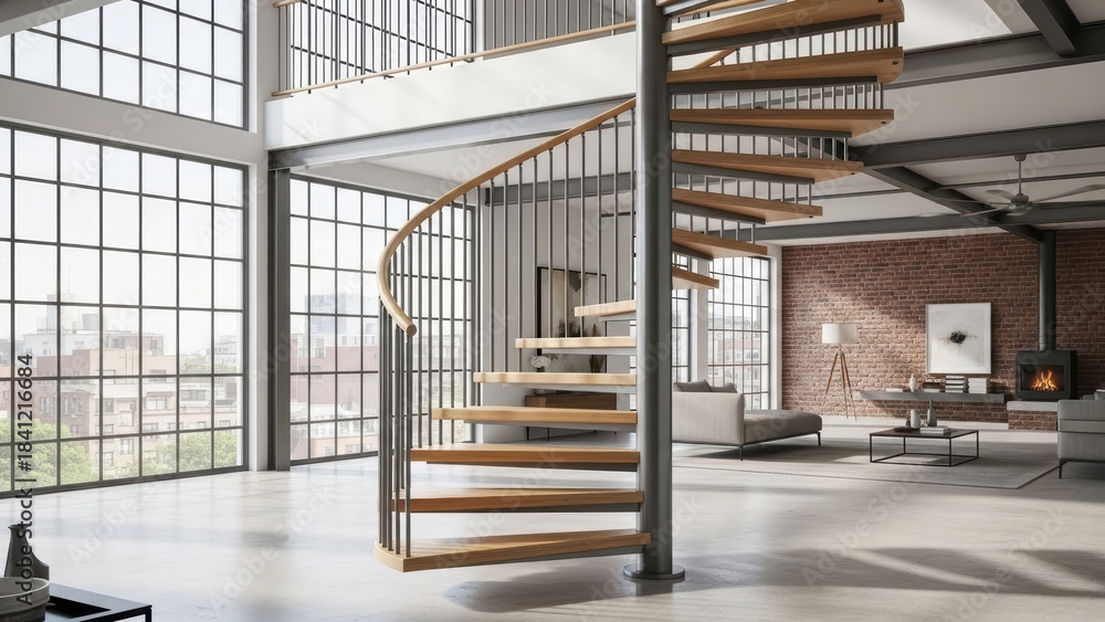 Obraz premium Modern loft interior with spiral staircase and large windows overlooking cityscape