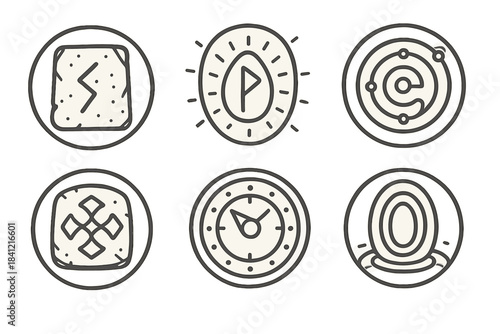 Ancient Interface Icons. Line style round vector icons of Ancient Interfaces: stone tablet, glowing rune, spiral circuit, carved