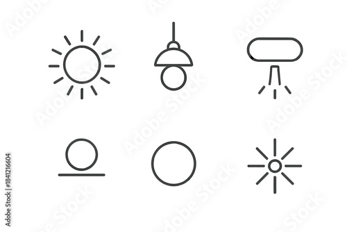 Luminous Circle Icons. Line style round vector icons of Luminous Stillness: radiant circle, suspended glow, floating beam,