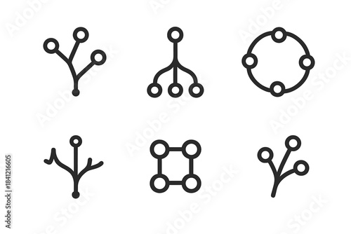Organic Network Icons. Line style round vector icons of Organic Networks: stem link, neural root, circular vine, living grid,