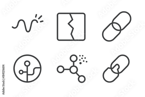 Porcelain Systems Icons. Line style round vector icons of Porcelain Systems: glowing curve, broken module, soft connector, white