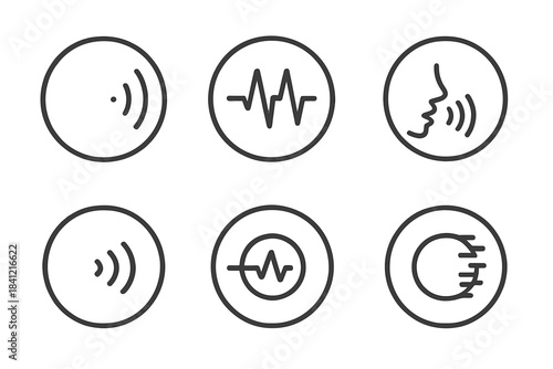 Lost Frequencies Icons. Line style round vector icons of Lost Frequencies: fading tone, broken signal, whisper symbol, dust echo,