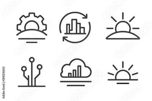 Mechanical Horizon Icons. Line style round vector icons of Mechanical Horizon: gear sunrise, rotating skyline, metal sun, circuit