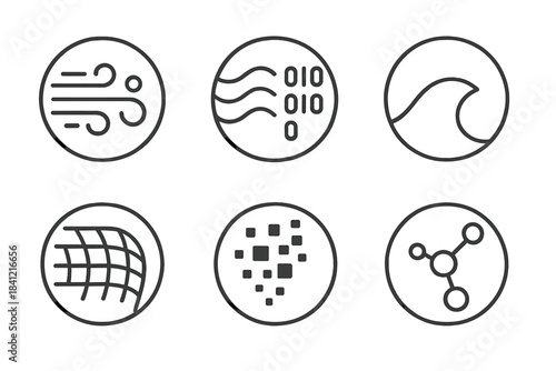 Digital Air Icons. Line style round vector icons of Digital Air: streaming line, binary gust, translucent curve, motion grid,