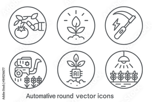 Automated Nature Icons. Line style round vector icons of Automated Nature: robotic hand harvesting, glowing seed, electric scythe,