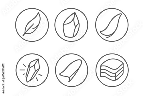 Sharp Velvet Icons. Line style round vector icons of Sharp Velvet: soft blade, curved crystal, silky edge, glowing shard, smooth