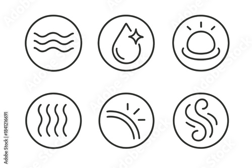 Transparent Energy Icons. Line style round vector icons of Transparent Energy: clear wave, glowing droplet, reflective halo,