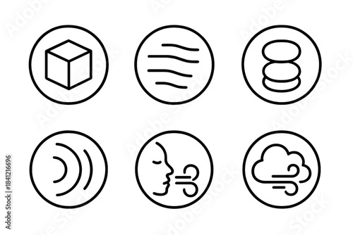 Dense Air Icons. Line style round vector icons of Dense Air: invisible block, silent motion, soft compression, heavy ring, muted