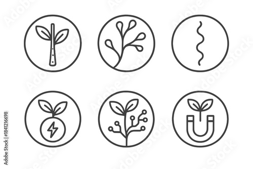 Synthetic Roots Icons. Line style round vector icons of Synthetic Roots: artificial stem, polymer branch, neon thread, energy seed
