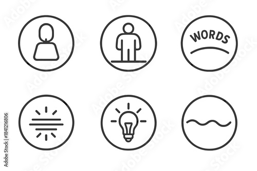 Weighted Word Icons. Line style round vector icons of Weighted Words: heavy loop, grounded character, curved text, balanced line,