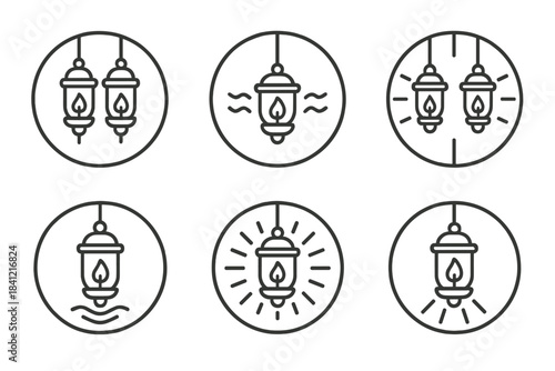 Parallel Lanterns Icons. Line style round vector icons of Parallel Lanterns: twin lamps, glowing threads, mirrored light, floating