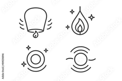 Floating Light Icons. Line style round vector icons of Floating Lights: airy lantern, drifting glow, suspended flame, radiant orb,