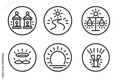 Dual Glow Lanterns. Line style round vector icons of Dual Glow: paired lanterns, luminous path, balanced light, twin halos,