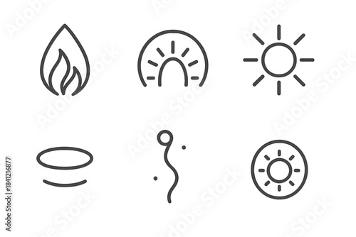 Symmetric Illumination Icons. Line style round vector icons of Symmetric Illumination: mirrored flame, curved glow, radiant