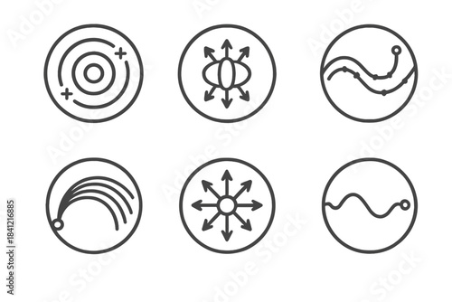 Electromagnetic Flow Icons. Line style round vector icons of Electromagnetic Flow: charged ripple, field loop, glowing path,