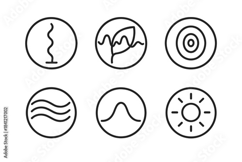 Natural Frequency Icons. Line style round vector icons of Natural Frequency: vibrating stem, harmonic leaf, pulsing seed, fluid