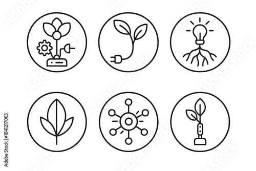 Cyber Botanical Symbols. Line style round vector icons of Cyber Botanical: robotic flower, electric vine, luminous root, steel