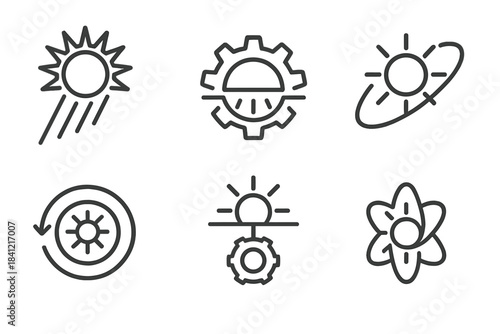 Solar Mechanics Icons. Line style round vector icons of Solar Mechanics: energy beam, sunrise gear, powered orbit, radiant loop,