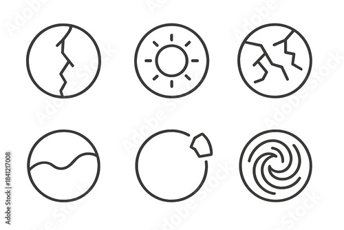 Fragile Energy Icons. Line style round vector icons of Fragile Energy: fractured sphere, glowing line, splintered surface, soft