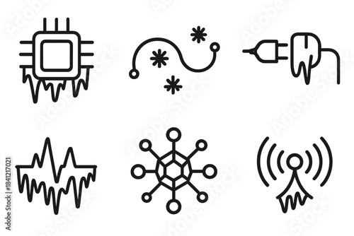 Frozen Circuitry Icons. Line style round vector icons of Frozen Circuitry: icy chip, frosted wire, cold connection, frozen pulse,