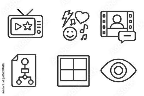 Media Semiotics Icons. Line style icons of Media Semiotics: television frame with symbols, pop culture collage, cinematic sign