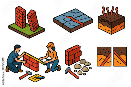 Archaeoseismology Tools & Evidence. Isometric vector illustration set Archaeoseismology: tilted walls, cracked stone floors,