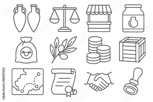 Coastal Trade Icons. Line style icons of coastal trade: cargo amphorae, scale balance, market stall, spice jar; wool sack, olive