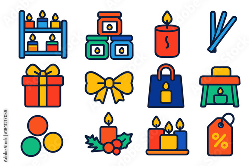 Candle Shop Icons. Flat vector icons of Candle Shop Display: candle shelf, stacked jars, tester candle, scent strips, gift box,