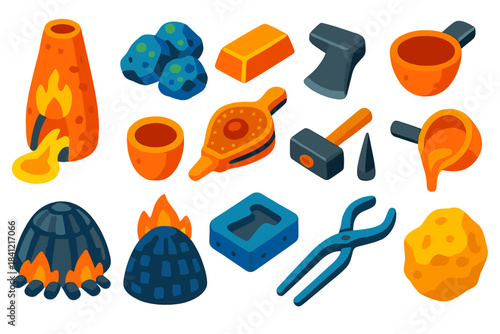 Ancient Metallurgy Icons. Flat vector icons of Candle Shop Display: candle shelf, stacked jars, tester candle, scent strips, gift