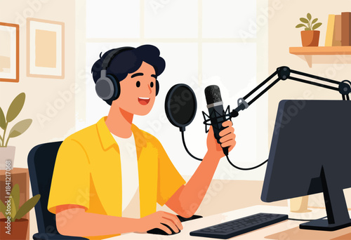 A smiling man records a podcast. He wears headphones, and speaks into a microphone at his desk with a computer