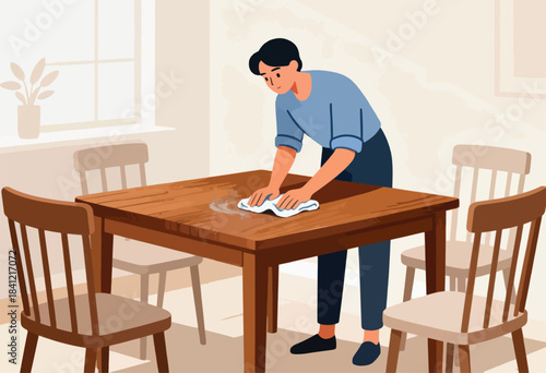 An illustration shows a person cleaning a wooden table with a cloth. Chairs surround the table; a window is in the background