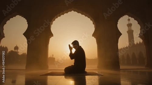 Silhouette inside archway with warm golden light