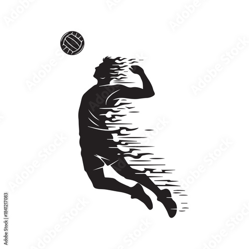 Dynamic Volleyball Player Silhouette Spiking Ball with Fire Effect. Male Athlete Jumping for Smash Attack. Abstract Sport Vector Illustration Isolated on White Background.
