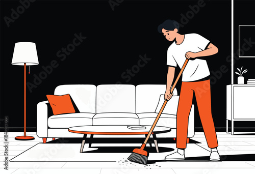 Illustration of a person sweeping a floor in a modern living room, with minimalist furniture