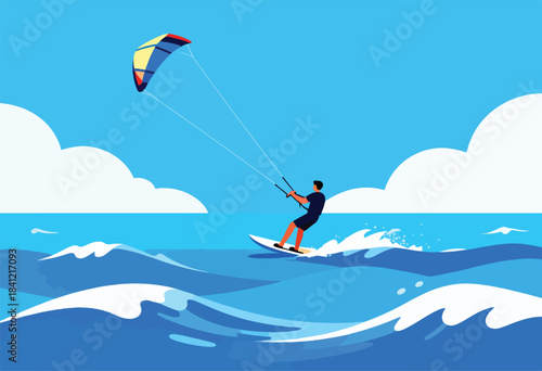 Vector illustration of kitesurfer on the ocean under blue sky with clouds. Focus is on movement & action