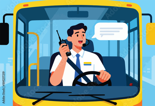 Illustration of a bus driver wearing a headset and holding a radio, inside a stylized bus