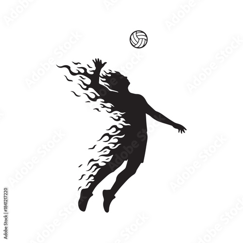 Dynamic Volleyball Player Silhouette Spiking Ball with Fire Effect. Male Athlete Jumping for Smash Attack. Abstract Sport Vector Illustration Isolated on White Background.
