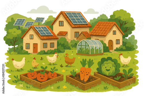 Eco Village Harmony. Self-sustaining ecosystem village with solar rooftops, chickens wandering freely, and smiling vegetable beds