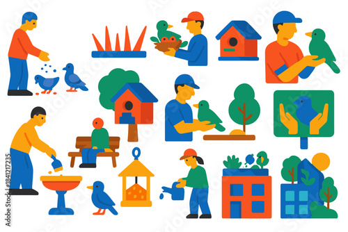 Human-Bird Coexistence Icons. Flat vector icons of Human-Bird Coexistence: feeding pigeons, bird deterrent spikes, nest relocation