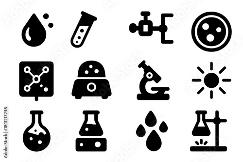 Microgravity Experiment Icons. Solid style icons of Microgravity experiments: floating liquid, test tube, lab clamp, petri dish,