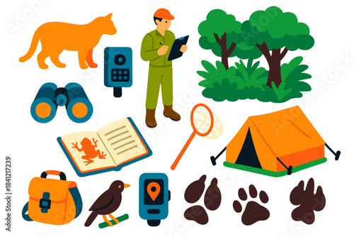 Species Rediscovery Expedition. Isometric vector illustration set Species Rediscovery: thought-extinct animal silhouette, field