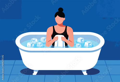 Illustration of a person submerged in a cold bath filled with ice cubes, holding a towel