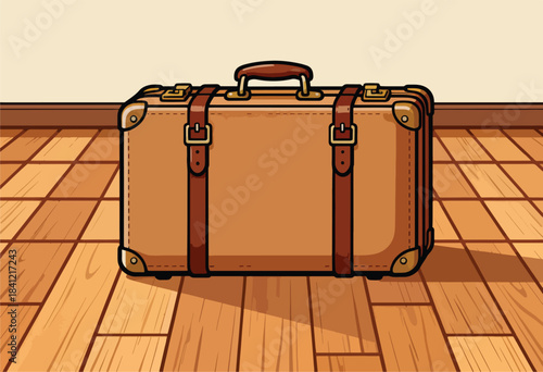 Illustration of a vintage brown suitcase on a wooden floor with a neutral colored wall behind it