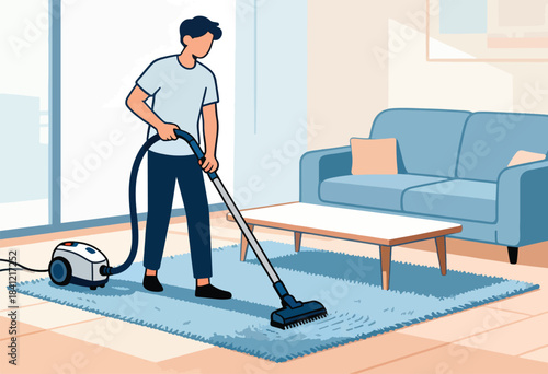 Illustration of a person vacuuming a blue rug in a living room with a couch and table