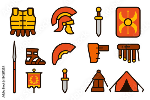 Roman Armor Icons. Flat vector icons of Ancient Roman Armor: lorica segmentata, roman helmet, gladius sword, scutum shield, pilum