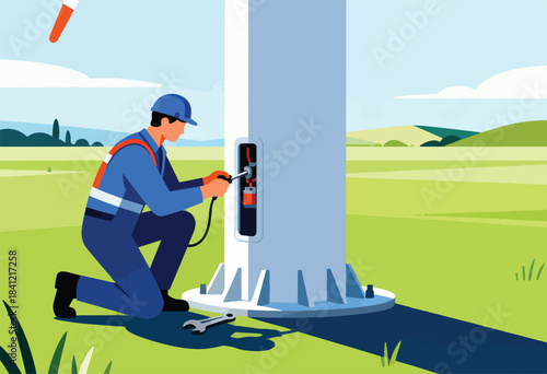 An engineer kneels, fixing a wind turbine's electrical component.  Green fields and a blue sky form the backdrop