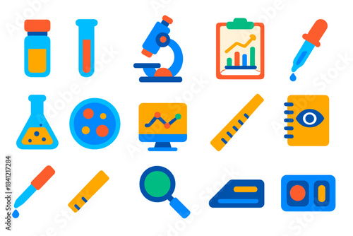 Vibrant Lab Icons. Flat vector icons of sampling and laboratory analysis: sample vial, test tube, microscope, petri dish,