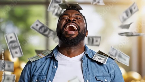 A Black man is shown with his head tilted back, laughing as money rains down around him. He appears joyful and celebratory.